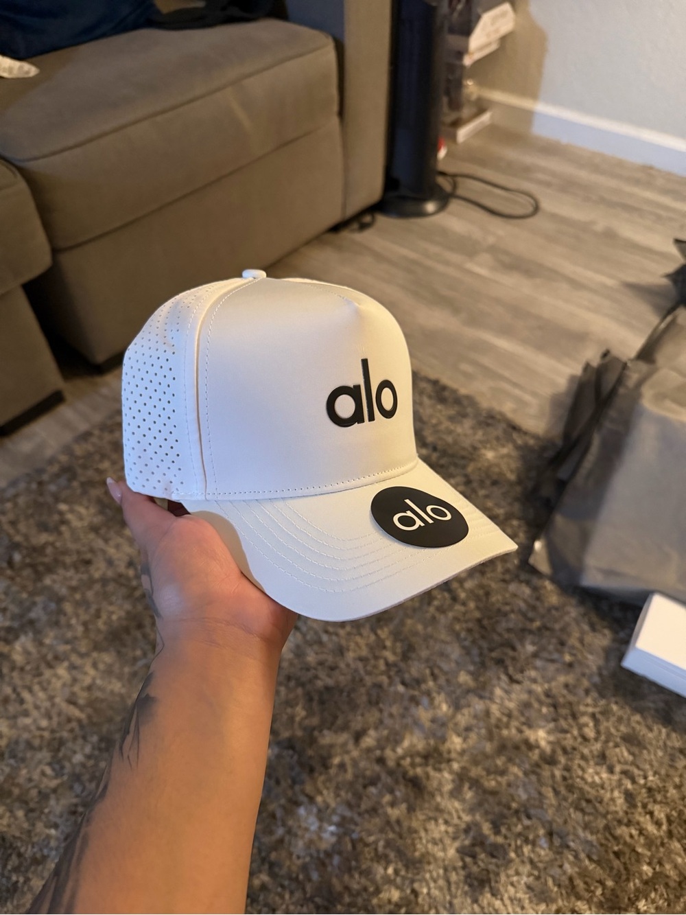 Alo White Perforated Logo Trucker Hat